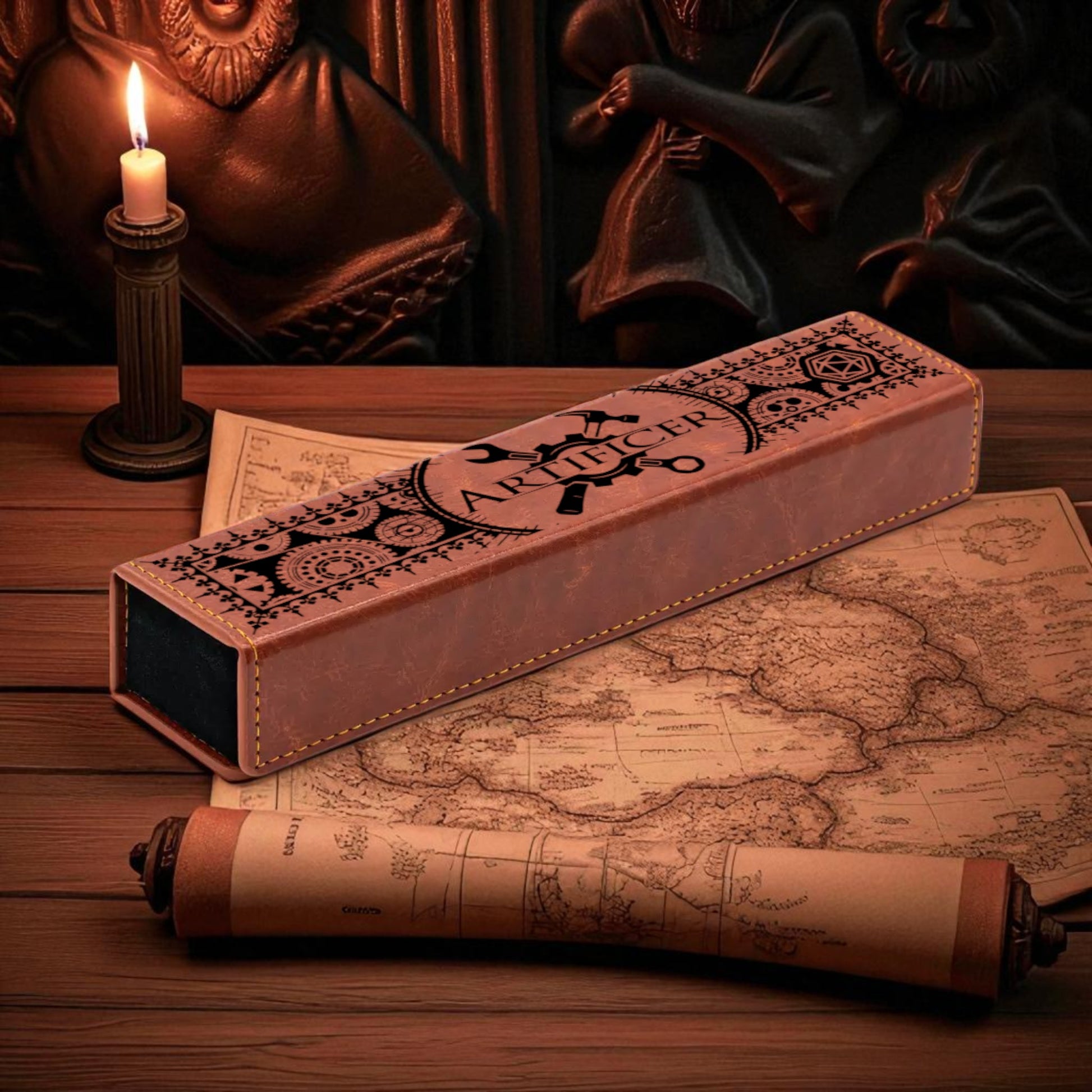 a wooden desk with a lit candle, a map, and a wooden box with a label that reads "AMBER".