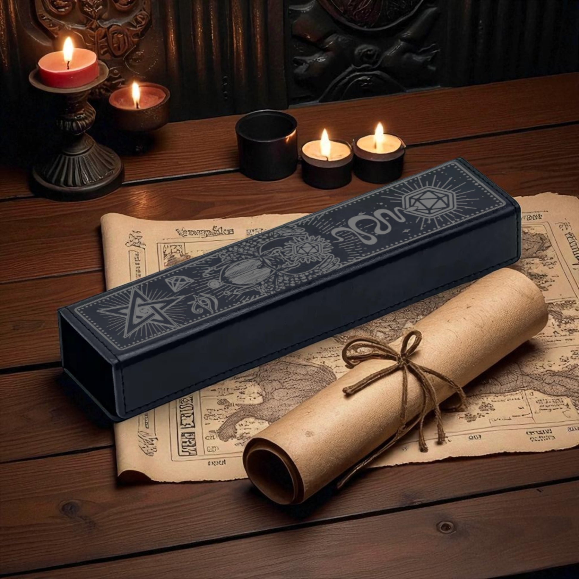a wooden table with a rolled-up parchment or scroll, a black box with intricate designs, and three lit candles. There is also a map or parchment-like material on the table.
