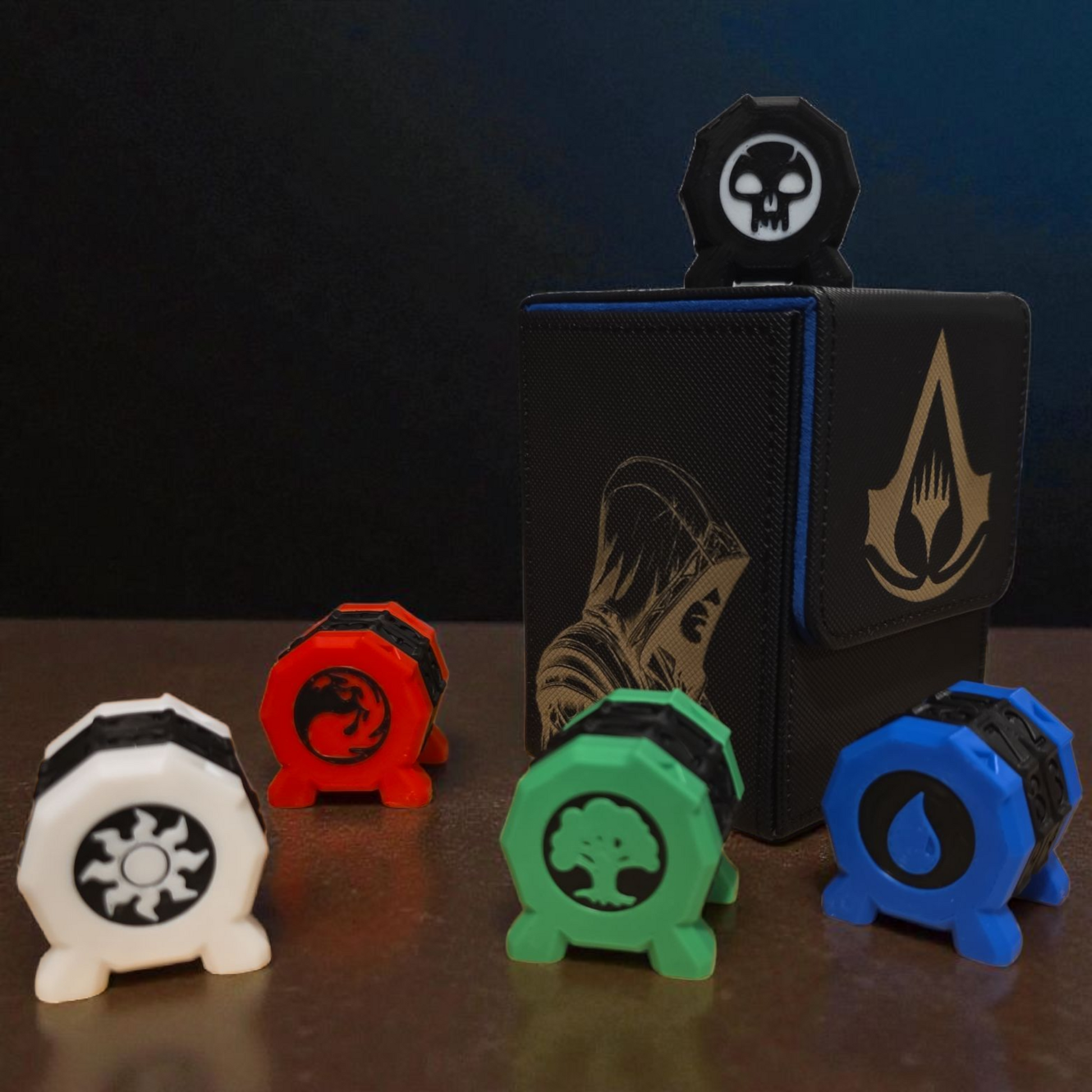 A collection of colorful hexagonal tokens or cubes, each with a unique symbol or icon, arranged on a dark surface.