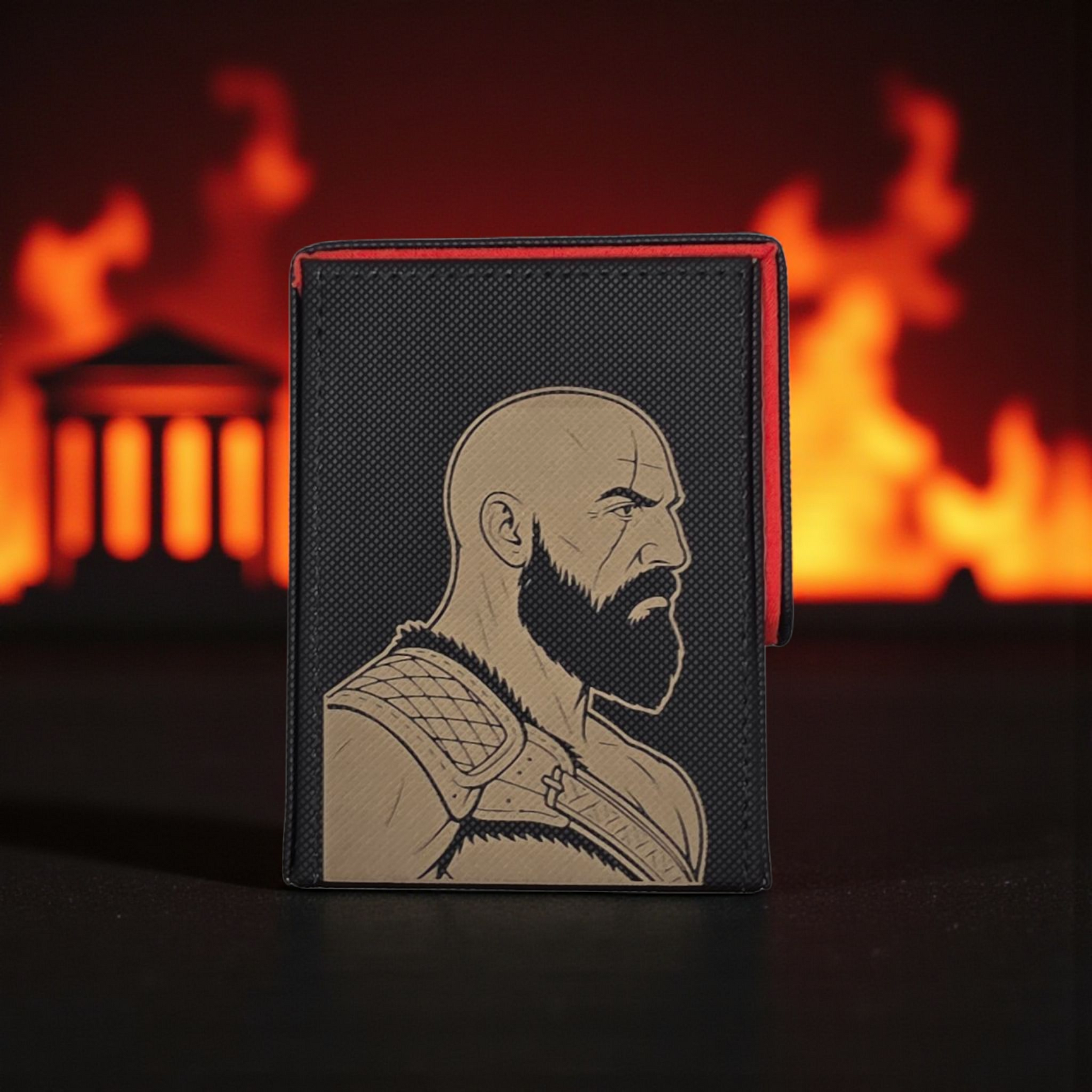 A wallet with a portrait of a bearded man on it, set against a background of flames.